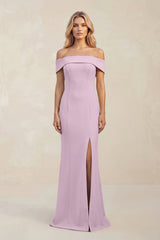 Sheath Off - the - Shoulder Satin Bridesmaid Dress With Slit in Lilac - KISS BRIDAL Bridesmaid Dresses