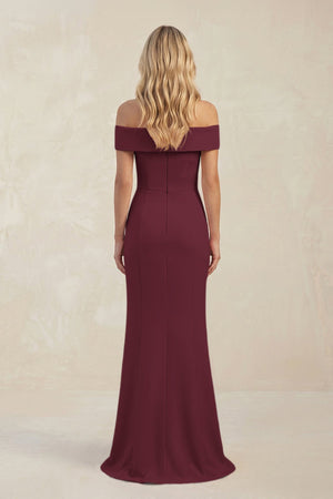 Sheath Off - the - Shoulder Satin Bridesmaid Dress With Slit in Magenta - KISS BRIDAL Bridesmaid Dresses