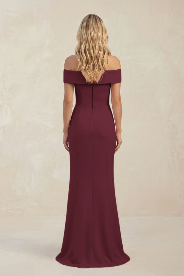 Sheath Off - the - Shoulder Satin Bridesmaid Dress With Slit in Magenta - KISS BRIDAL Bridesmaid Dresses