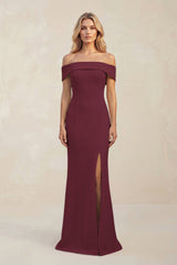 Sheath Off - the - Shoulder Satin Bridesmaid Dress With Slit in Magenta - KISS BRIDAL Bridesmaid Dresses