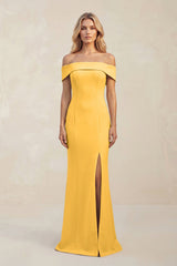 Sheath Off - the - Shoulder Satin Bridesmaid Dress With Slit in Marigold - KISS BRIDAL Bridesmaid Dresses