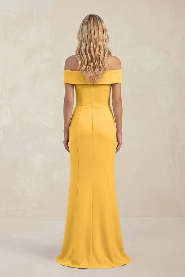 Sheath Off - the - Shoulder Satin Bridesmaid Dress With Slit in Marigold - KISS BRIDAL Bridesmaid Dresses