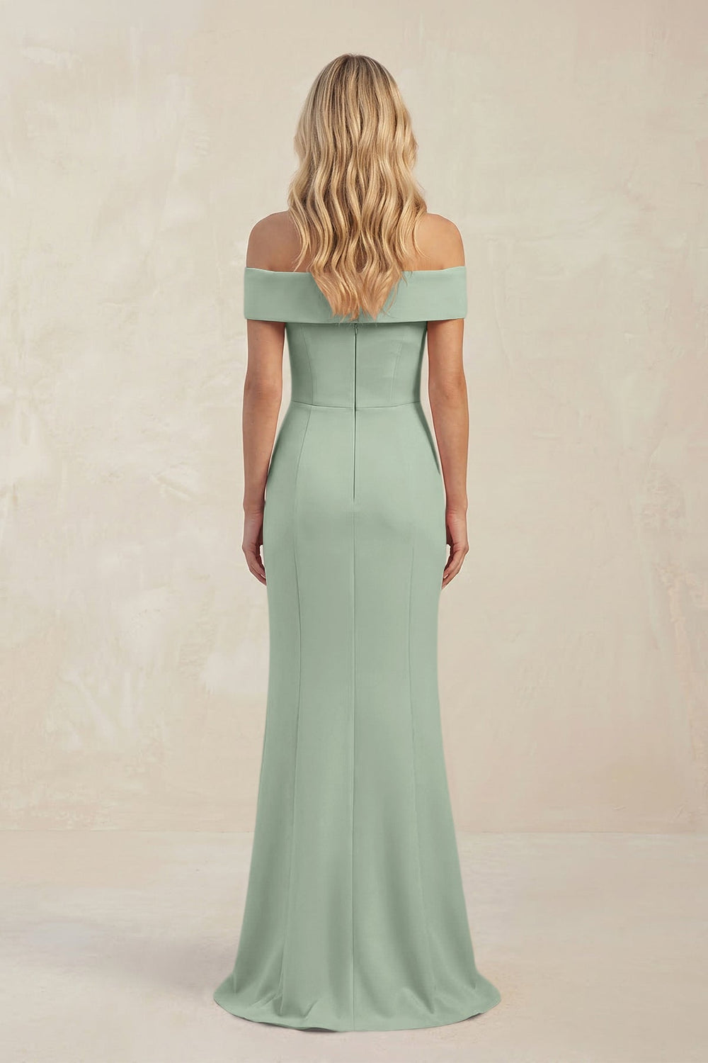 Sheath Off - the - Shoulder Satin Bridesmaid Dress With Slit in Matcha - KISS BRIDAL Bridesmaid Dresses