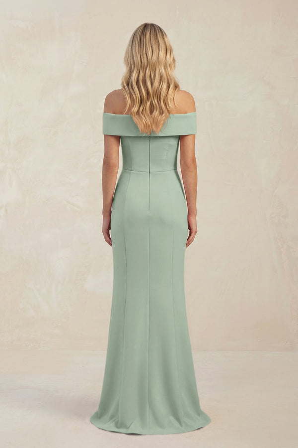 Sheath Off - the - Shoulder Satin Bridesmaid Dress With Slit in Matcha - KISS BRIDAL Bridesmaid Dresses