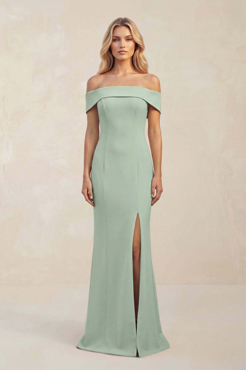 Sheath Off - the - Shoulder Satin Bridesmaid Dress With Slit in Matcha - KISS BRIDAL Bridesmaid Dresses