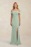 Sheath Off - the - Shoulder Satin Bridesmaid Dress With Slit in Matcha - KISS BRIDAL Bridesmaid Dresses