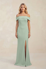 Sheath Off - the - Shoulder Satin Bridesmaid Dress With Slit in Matcha - KISS BRIDAL Bridesmaid Dresses