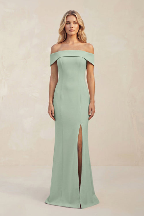 Sheath Off - the - Shoulder Satin Bridesmaid Dress With Slit in Matcha - KISS BRIDAL Bridesmaid Dresses