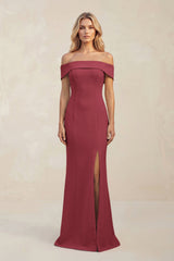 Sheath Off - the - Shoulder Satin Bridesmaid Dress With Slit in Merlot - KISS BRIDAL Bridesmaid Dresses