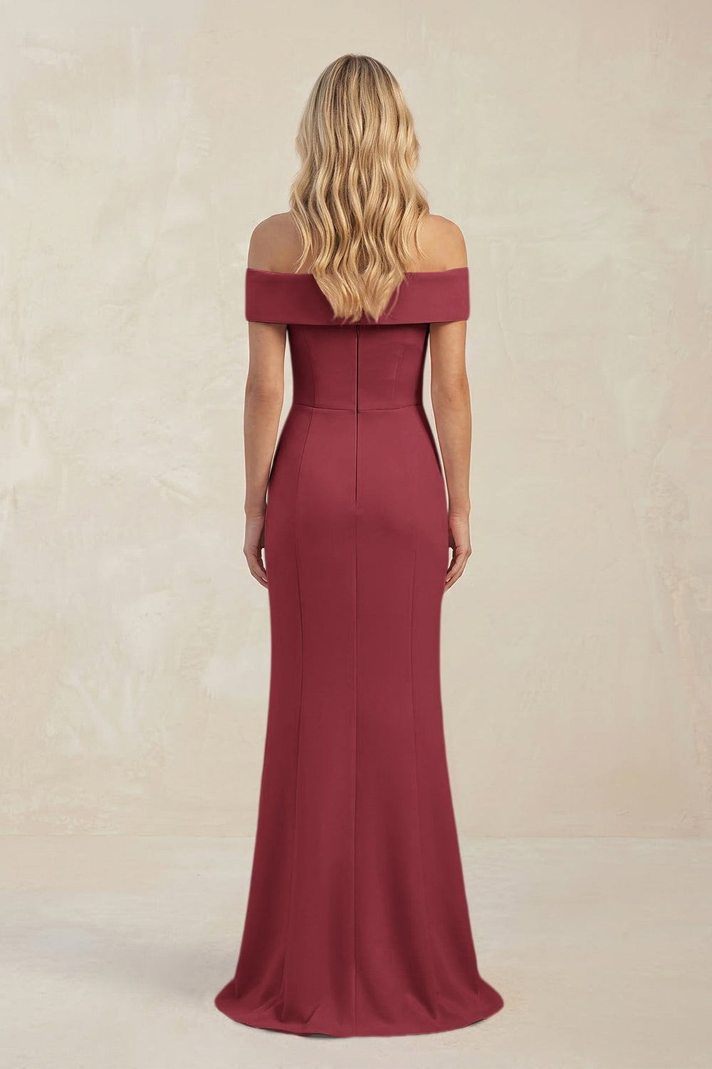 Sheath Off - the - Shoulder Satin Bridesmaid Dress With Slit in Merlot - KISS BRIDAL Bridesmaid Dresses