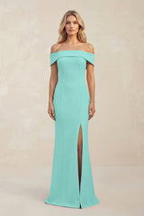 Sheath Off - the - Shoulder Satin Bridesmaid Dress With Slit in Mint Green - KISS BRIDAL Bridesmaid Dresses
