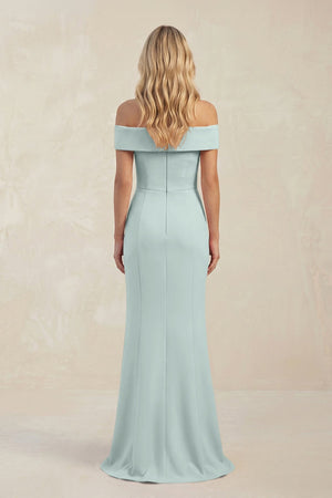 Sheath Off - the - Shoulder Satin Bridesmaid Dress With Slit in Mist - KISS BRIDAL Bridesmaid Dresses