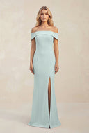Sheath Off - the - Shoulder Satin Bridesmaid Dress With Slit in Mist - KISS BRIDAL Bridesmaid Dresses