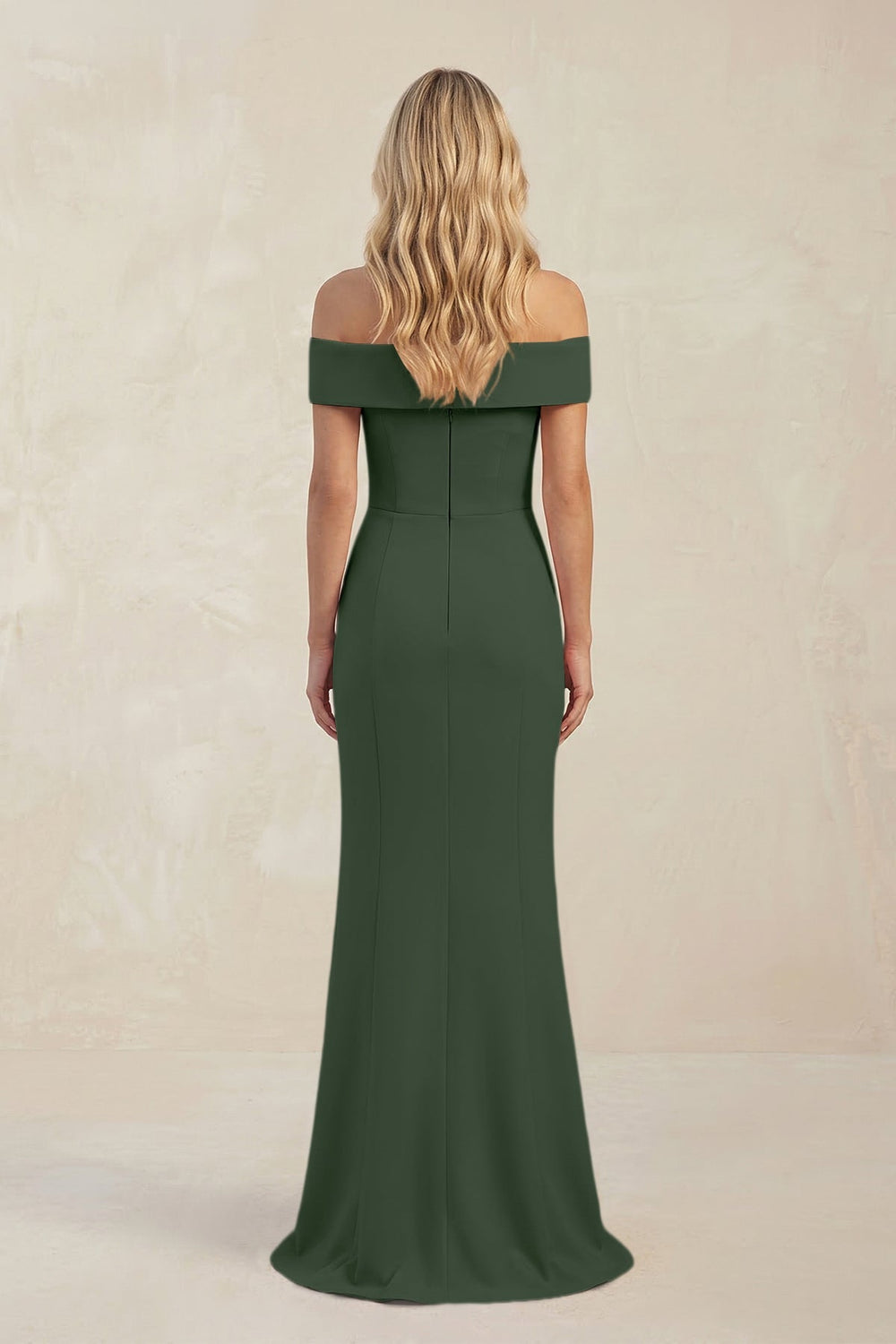Sheath Off - the - Shoulder Satin Bridesmaid Dress With Slit in Moss - KISS BRIDAL Bridesmaid Dresses