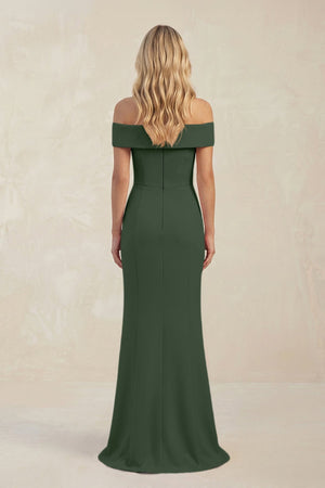 Sheath Off - the - Shoulder Satin Bridesmaid Dress With Slit in Moss - KISS BRIDAL Bridesmaid Dresses