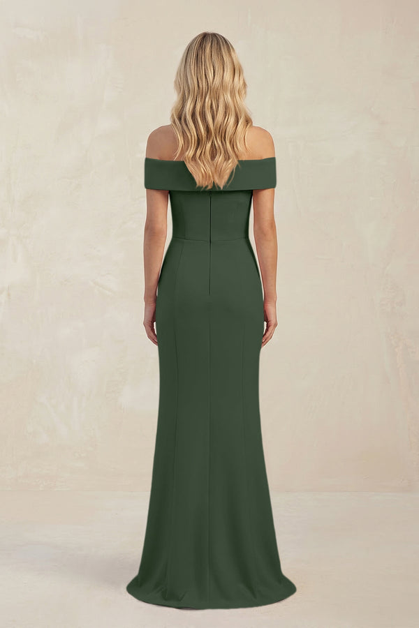 Sheath Off - the - Shoulder Satin Bridesmaid Dress With Slit in Moss - KISS BRIDAL Bridesmaid Dresses
