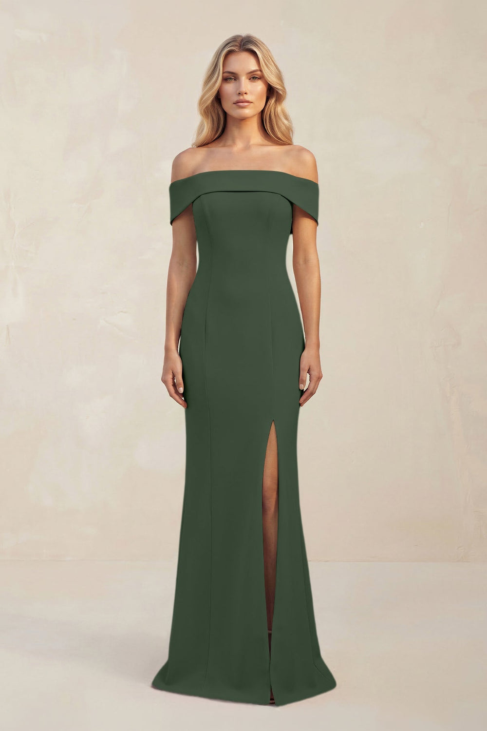 Sheath Off - the - Shoulder Satin Bridesmaid Dress With Slit in Moss - KISS BRIDAL Bridesmaid Dresses