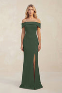 Sheath Off - the - Shoulder Satin Bridesmaid Dress With Slit in Moss - KISS BRIDAL Bridesmaid Dresses