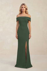 Sheath Off - the - Shoulder Satin Bridesmaid Dress With Slit in Moss - KISS BRIDAL Bridesmaid Dresses