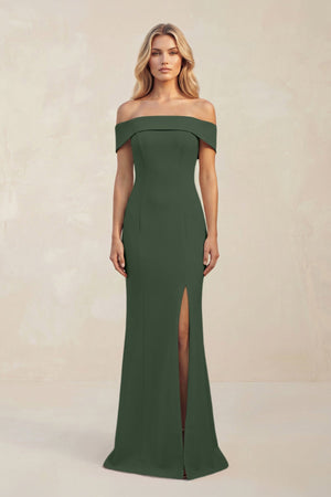 Sheath Off - the - Shoulder Satin Bridesmaid Dress With Slit in Moss - KISS BRIDAL Bridesmaid Dresses