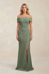 Sheath Off - the - Shoulder Satin Bridesmaid Dress With Slit in Moss Green - KISS BRIDAL Bridesmaid Dresses