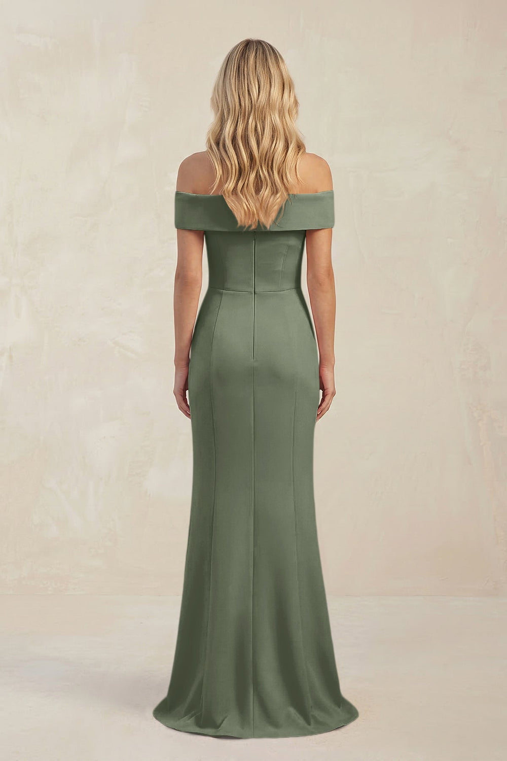 Sheath Off - the - Shoulder Satin Bridesmaid Dress With Slit in Moss Green - KISS BRIDAL Bridesmaid Dresses