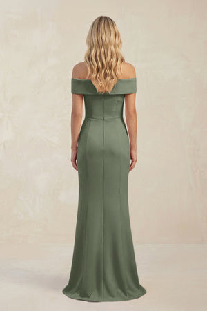 Sheath Off - the - Shoulder Satin Bridesmaid Dress With Slit in Moss Green - KISS BRIDAL Bridesmaid Dresses