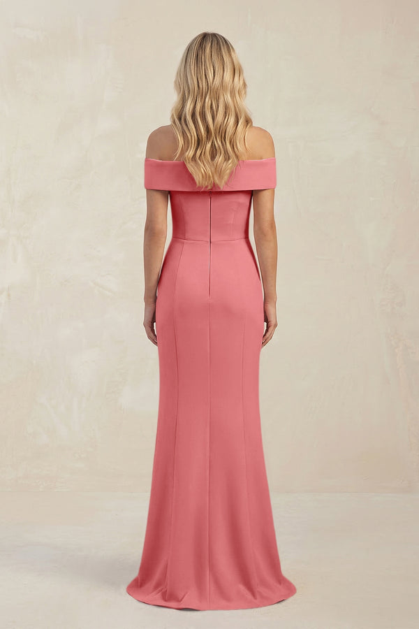 Sheath Off - the - Shoulder Satin Bridesmaid Dress With Slit in Mulberry - KISS BRIDAL Bridesmaid Dresses