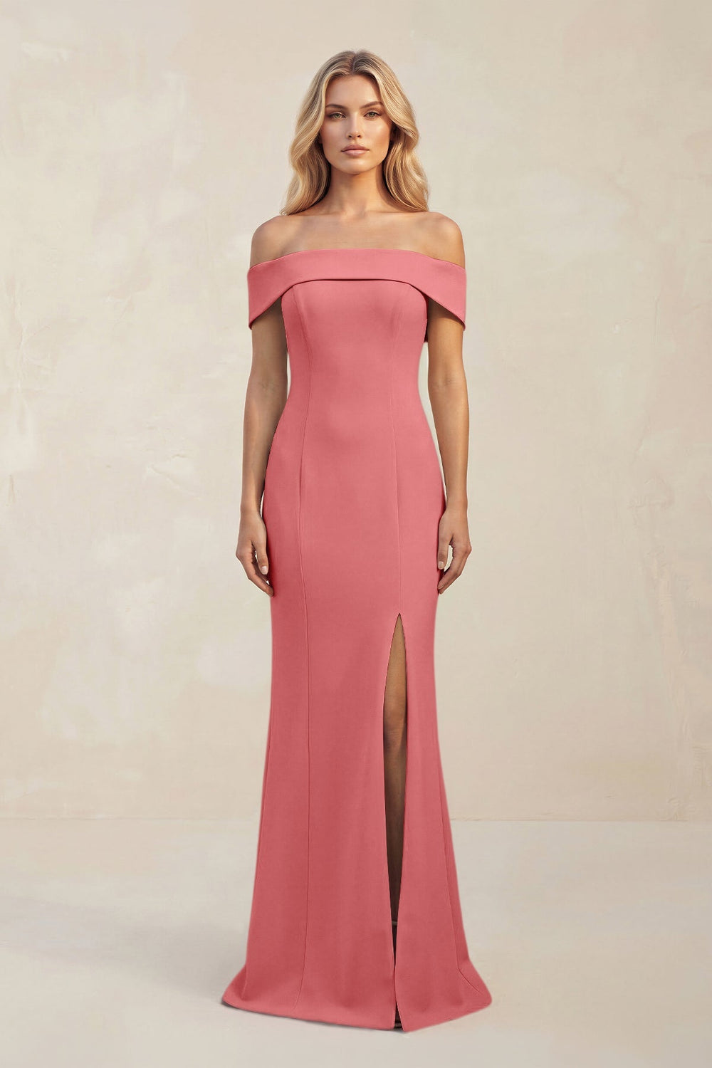 Sheath Off - the - Shoulder Satin Bridesmaid Dress With Slit in Mulberry - KISS BRIDAL Bridesmaid Dresses