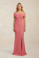 Sheath Off - the - Shoulder Satin Bridesmaid Dress With Slit in Mulberry - KISS BRIDAL Bridesmaid Dresses