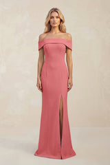 Sheath Off - the - Shoulder Satin Bridesmaid Dress With Slit in Mulberry - KISS BRIDAL Bridesmaid Dresses