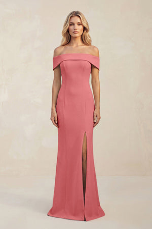 Sheath Off - the - Shoulder Satin Bridesmaid Dress With Slit in Mulberry - KISS BRIDAL Bridesmaid Dresses