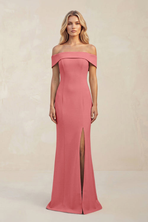 Sheath Off - the - Shoulder Satin Bridesmaid Dress With Slit in Mulberry - KISS BRIDAL Bridesmaid Dresses