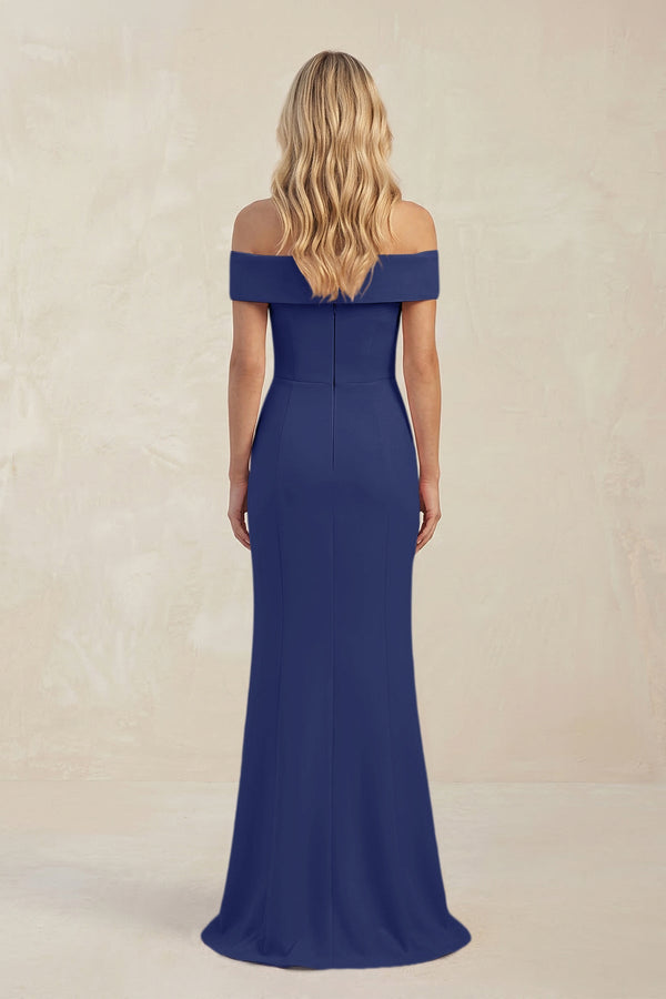 Sheath Off - the - Shoulder Satin Bridesmaid Dress With Slit in Navy - KISS BRIDAL Bridesmaid Dresses