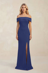 Sheath Off - the - Shoulder Satin Bridesmaid Dress With Slit in Navy - KISS BRIDAL Bridesmaid Dresses