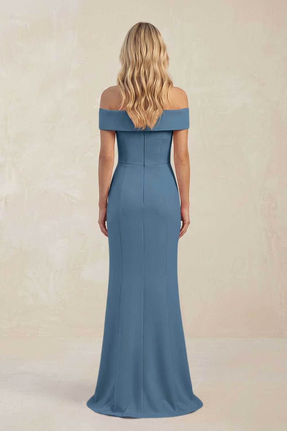 Sheath Off - the - Shoulder Satin Bridesmaid Dress With Slit in Neptune - KISS BRIDAL Bridesmaid Dresses