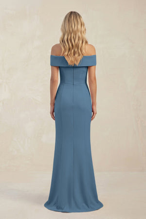 Sheath Off - the - Shoulder Satin Bridesmaid Dress With Slit in Neptune - KISS BRIDAL Bridesmaid Dresses