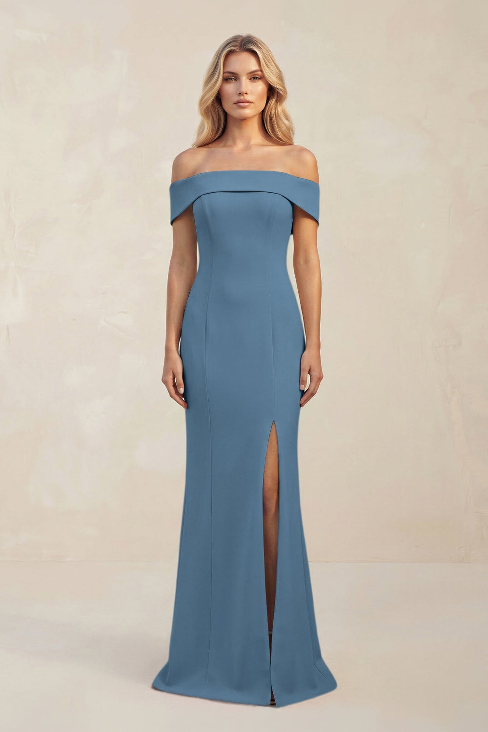 Sheath Off - the - Shoulder Satin Bridesmaid Dress With Slit in Neptune - KISS BRIDAL Bridesmaid Dresses
