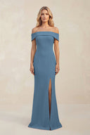 Sheath Off - the - Shoulder Satin Bridesmaid Dress With Slit in Neptune - KISS BRIDAL Bridesmaid Dresses