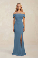 Sheath Off - the - Shoulder Satin Bridesmaid Dress With Slit in Neptune - KISS BRIDAL Bridesmaid Dresses