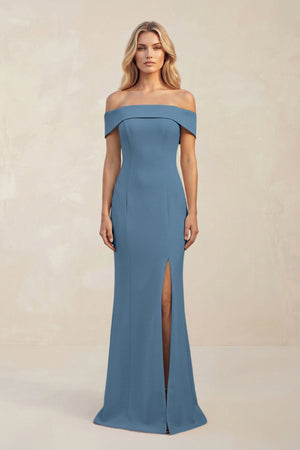 Sheath Off - the - Shoulder Satin Bridesmaid Dress With Slit in Neptune - KISS BRIDAL Bridesmaid Dresses