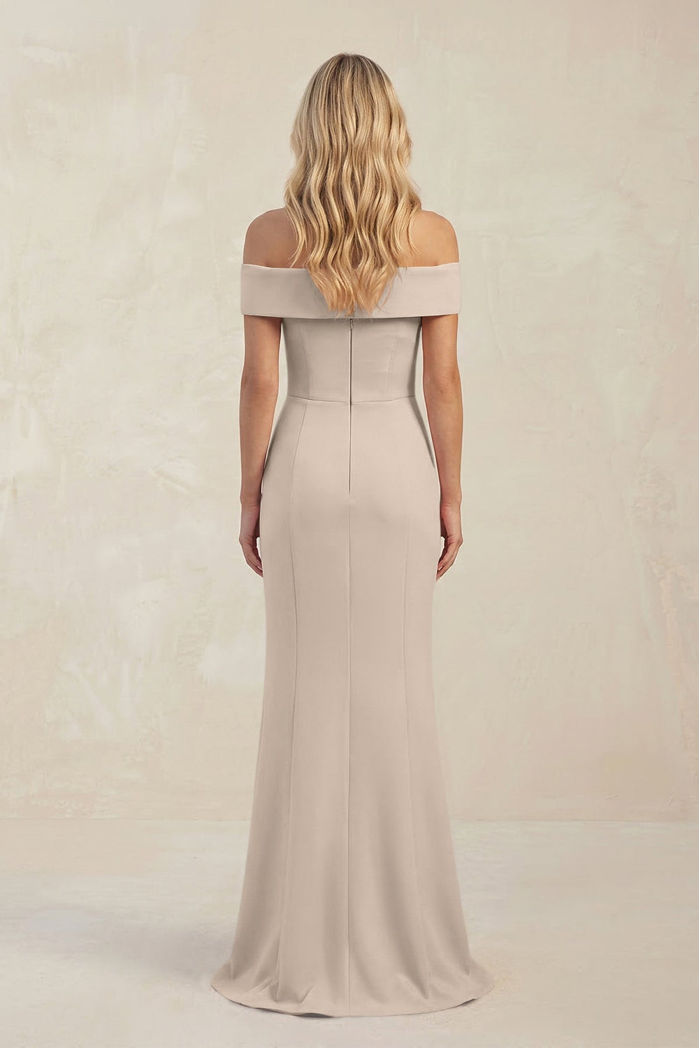 Sheath Off - the - Shoulder Satin Bridesmaid Dress With Slit in Neutral Champagne - KISS BRIDAL Bridesmaid Dresses