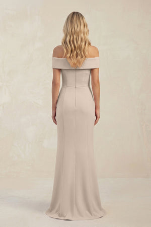Sheath Off - the - Shoulder Satin Bridesmaid Dress With Slit in Neutral Champagne - KISS BRIDAL Bridesmaid Dresses