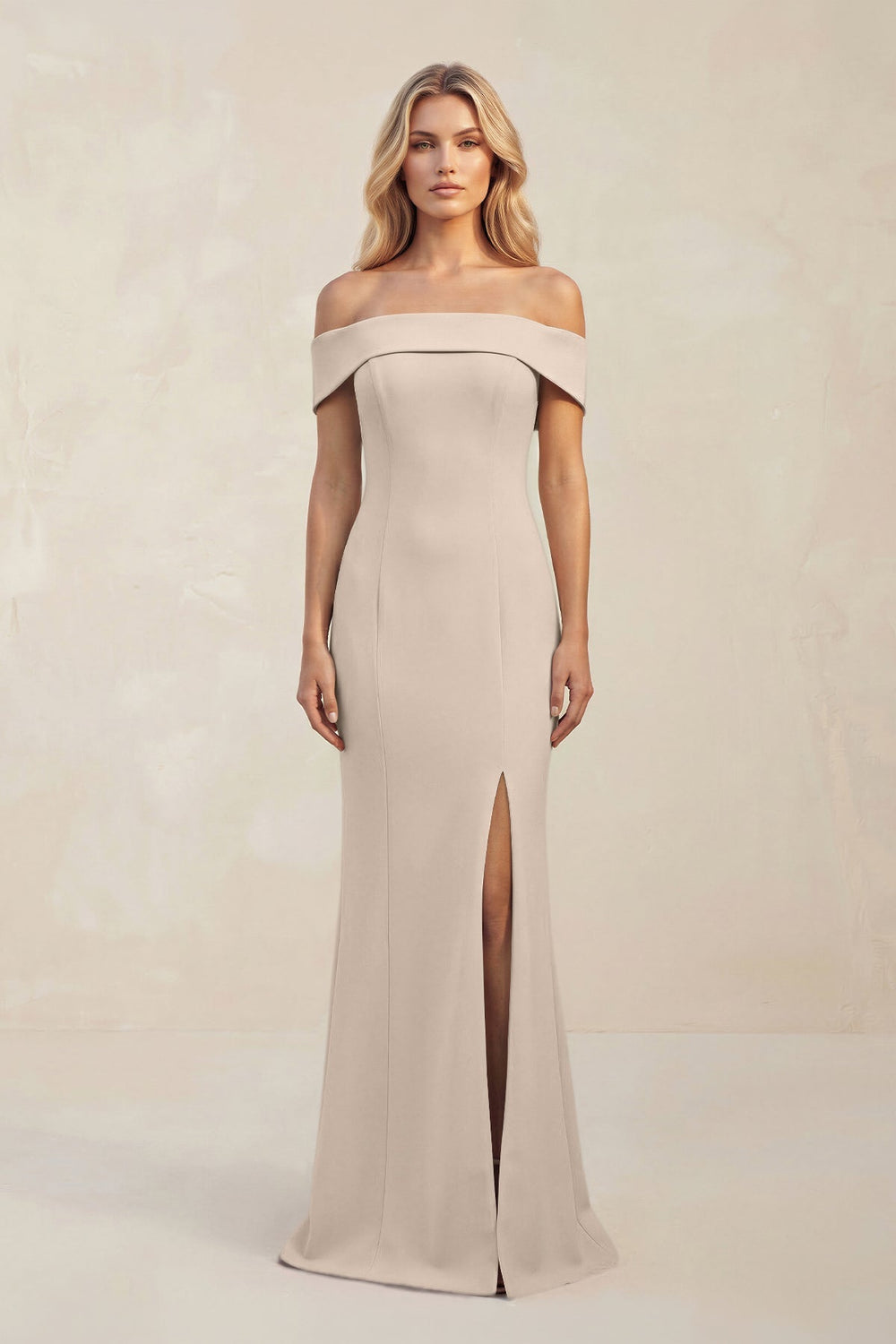 Sheath Off - the - Shoulder Satin Bridesmaid Dress With Slit in Neutral Champagne - KISS BRIDAL Bridesmaid Dresses