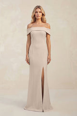 Sheath Off - the - Shoulder Satin Bridesmaid Dress With Slit in Neutral Champagne - KISS BRIDAL Bridesmaid Dresses