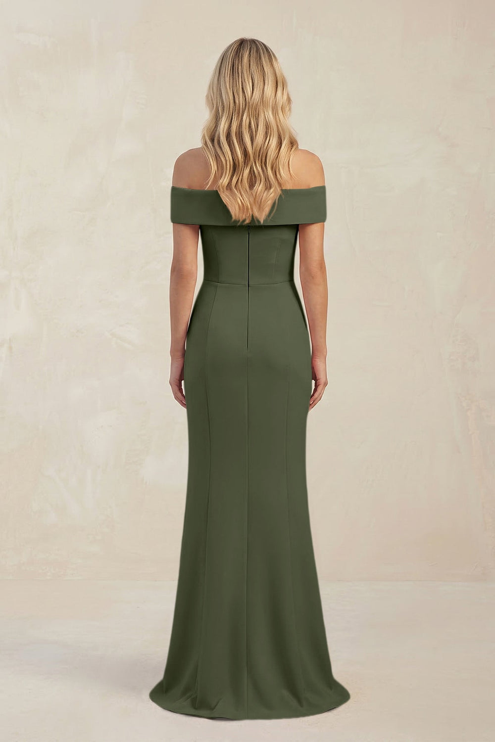 Sheath Off - the - Shoulder Satin Bridesmaid Dress With Slit in Olive - KISS BRIDAL Bridesmaid Dresses