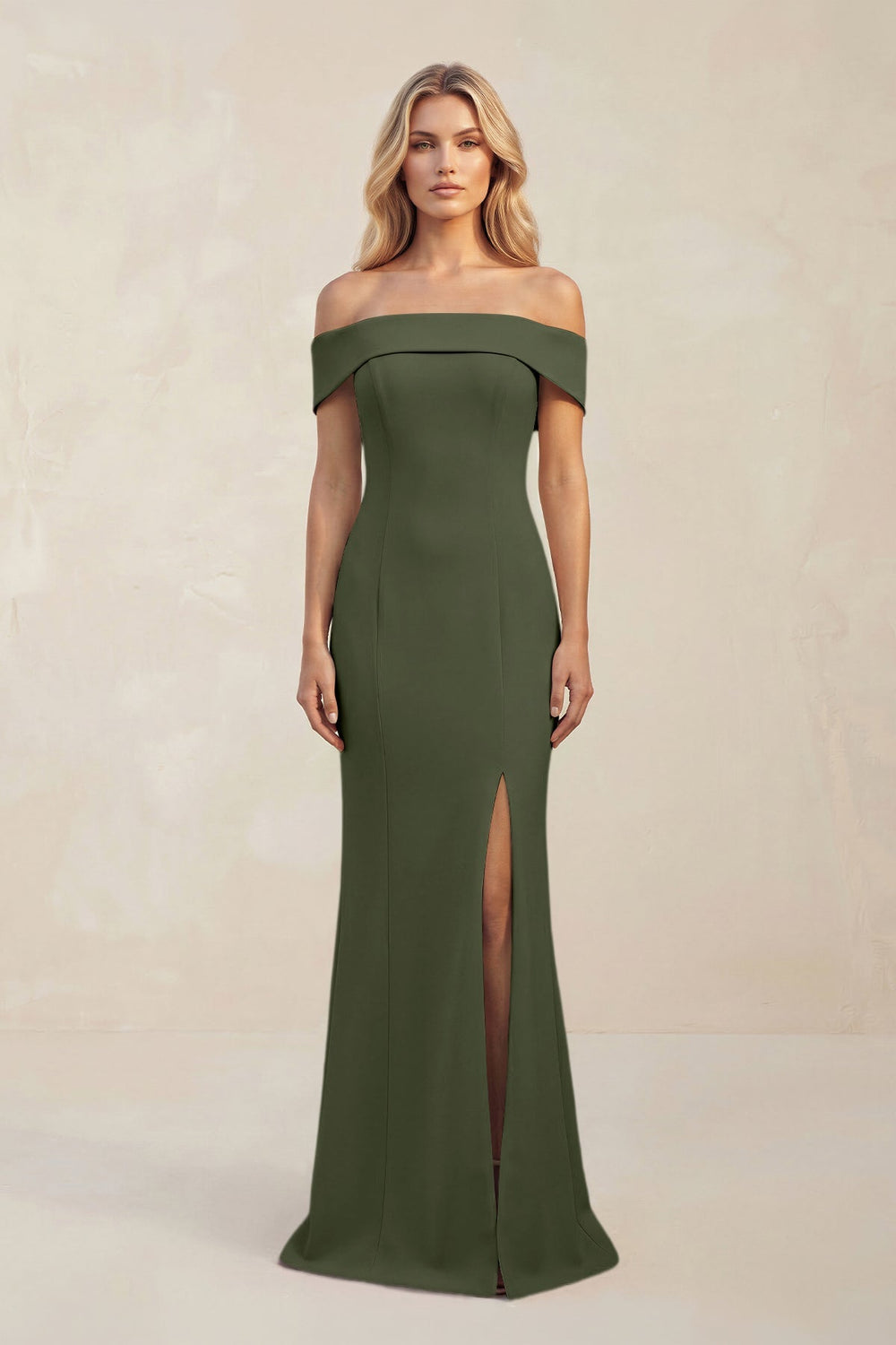 Sheath Off - the - Shoulder Satin Bridesmaid Dress With Slit in Olive - KISS BRIDAL Bridesmaid Dresses