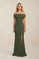 Sheath Off - the - Shoulder Satin Bridesmaid Dress With Slit in Olive - KISS BRIDAL Bridesmaid Dresses