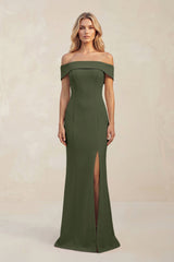 Sheath Off - the - Shoulder Satin Bridesmaid Dress With Slit in Olive - KISS BRIDAL Bridesmaid Dresses