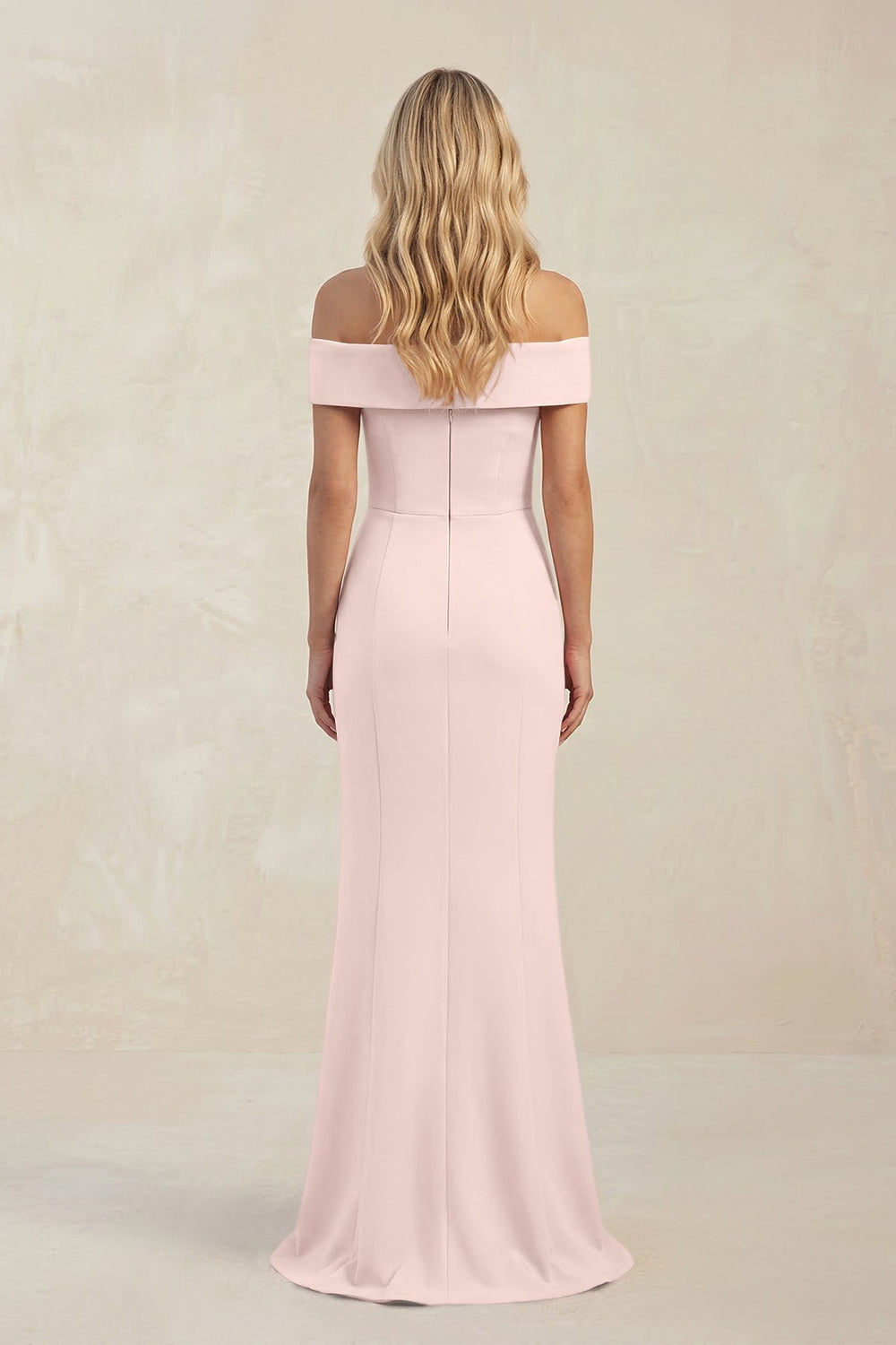 Sheath Off - the - Shoulder Satin Bridesmaid Dress With Slit in Pale Blush - KISS BRIDAL Bridesmaid Dresses